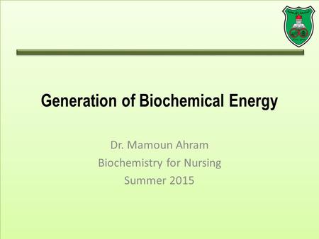 Generation of Biochemical Energy