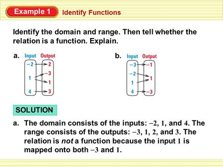 Example 1 Identify Functions Identify the domain and range. Then tell whether the relation is a function. Explain. a. b. SOLUTION a. The domain consists.