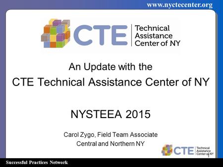 Successful Practices Network www.nyctecenter.org An Update with the CTE Technical Assistance Center of NY NYSTEEA 2015 Carol Zygo, Field Team Associate.