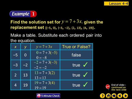 Example 4-1a Find the solution set for given the replacement set {(–5, 0), (–3, –2), (2, 13), (4, 19)}. Make a table. Substitute each ordered pair into.