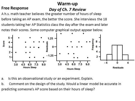Warm-up Day of Ch. 7 Review Free Response A h.s. math teacher believes the greater number of hours of sleep before taking an AP exam, the better the score.