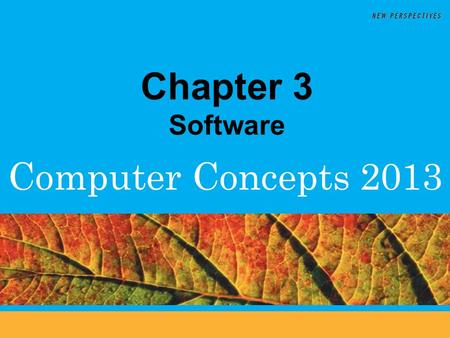Computer Concepts 2013 Chapter 3 Software. 3 Software Categories Chapter 3: Software 2  Software is categorized in two main categories:  Application.