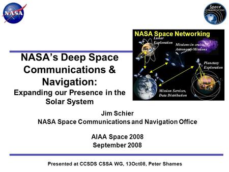NASA Space Networking NASA’s Deep Space Communications & Navigation: Expanding our Presence in the Solar System Jim Schier NASA Space Communications and.