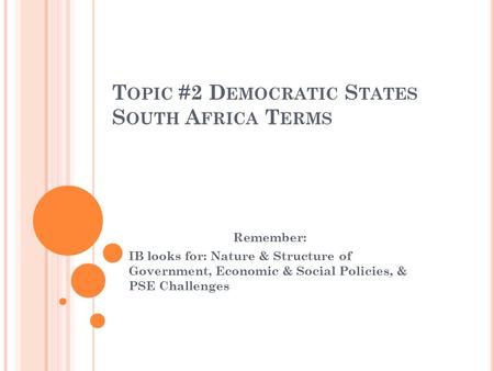 T OPIC #2 D EMOCRATIC S TATES S OUTH A FRICA T ERMS Remember: IB looks for: Nature & Structure of Government, Economic & Social Policies, & PSE Challenges.