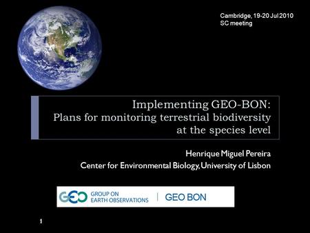 1 Implementing GEO-BON: Plans for monitoring terrestrial biodiversity at the species level Henrique Miguel Pereira Center for Environmental Biology, University.