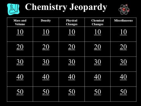 Chemistry Jeopardy Mass and Volume DensityPhysical Changes Chemical Changes Miscellaneous 10 20 30 40 50.