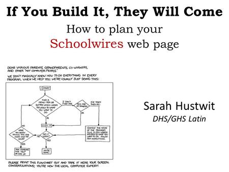 Sarah Hustwit DHS/GHS Latin If You Build It, They Will Come How to plan your Schoolwires web page.