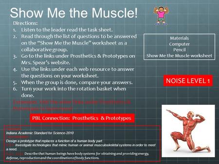 Show Me the Muscle! Materials Computer Pencil Show Me the Muscle worksheet Standards Indiana Academic Standard for Science-2010 Core Standard: Design a.