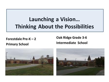 Launching a Vision… Thinking About the Possibilities Forestdale Pre-K – 2 Primary School Oak Ridge Grade 3-6 Intermediate School.
