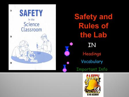 IN Headings Vocabulary Important Info. Know safety symbols They appear in your laboratory activities They will alert you to possible dangers They will.