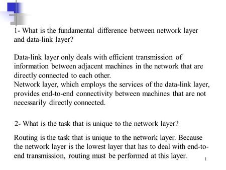 1 1- What is the fundamental difference between network layer and data-link layer? Data-link layer only deals with efficient transmission of information.