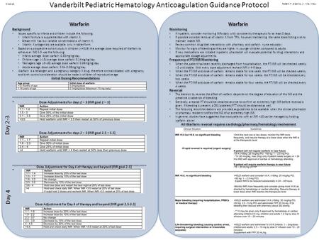 Vanderbilt Pediatric Hematology Anticoagulation Guidance Protocol Robert F. Sidonio, Jr. MD, MSc. 4/12/12 Warfarin Monitoring If inpatient, consider monitoring.