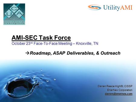 AMI-SEC Task Force October 23 rd Face-To-Face Meeting – Knoxville, TN  Roadmap, ASAP Deliverables, & Outreach Darren Reece Highfill, CISSP EnerNex Corporation.