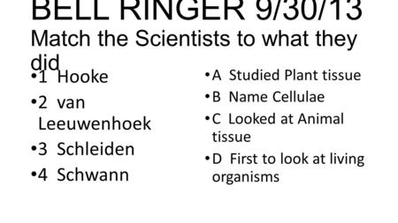 BELL RINGER 9/30/13 Match the Scientists to what they did 1 Hooke 2 van Leeuwenhoek 3 Schleiden 4 Schwann A Studied Plant tissue B Name Cellulae C Looked.