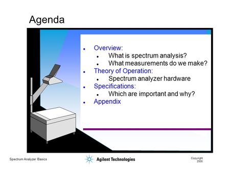 Spectrum Analyzer Basics Copyright 2000 Agenda Overview: What is spectrum analysis? What measurements do we make? Theory of Operation: Spectrum analyzer.