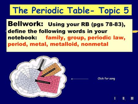 IIIIII 1 The Periodic Table- Topic 5 Click for song Bellwork: Using your RB (pgs 78-83), define the following words in your notebook: family, group, periodic.