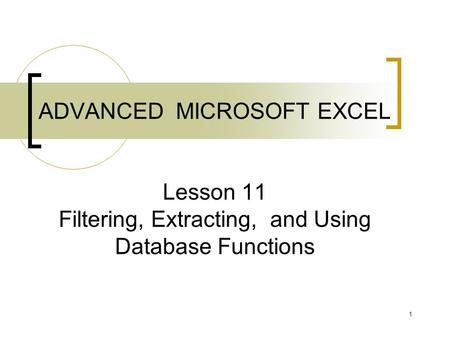 1 ADVANCED MICROSOFT EXCEL Lesson 11 Filtering, Extracting, and Using Database Functions.