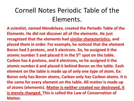 Cornell Notes Periodic Table of the Elements.