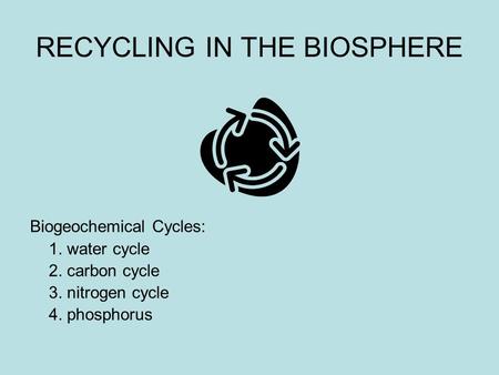 RECYCLING IN THE BIOSPHERE Biogeochemical Cycles: 1. water cycle 2. carbon cycle 3. nitrogen cycle 4. phosphorus.