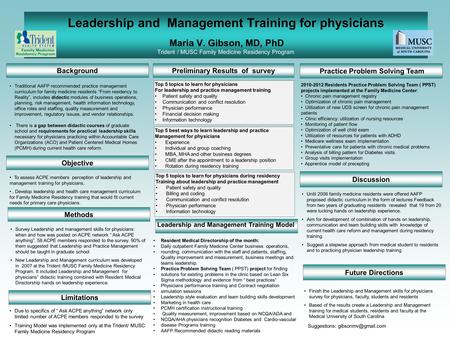 Leadership and Management Training for physicians Maria V. Gibson, MD, PhD Trident / MUSC Family Medicine Residency Program Background Practice Problem.