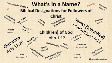 What’s in a Name? Biblical Designations for Followers of Christ Christians Acts 11:26 Child(ren) of God John 1:12 Saints (Sanctified) I Corinthians 6:11.