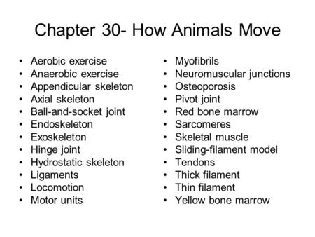 Chapter 30- How Animals Move Aerobic exercise Anaerobic exercise Appendicular skeleton Axial skeleton Ball-and-socket joint Endoskeleton Exoskeleton Hinge.