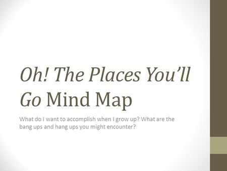 Oh! The Places You’ll Go Mind Map What do I want to accomplish when I grow up? What are the bang ups and hang ups you might encounter?