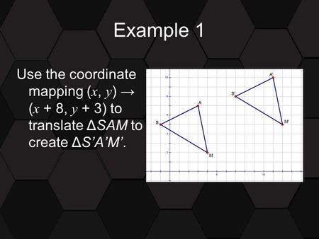 Example 1 Use the coordinate mapping ( x, y ) → ( x + 8, y + 3) to translate ΔSAM to create ΔS’A’M’.