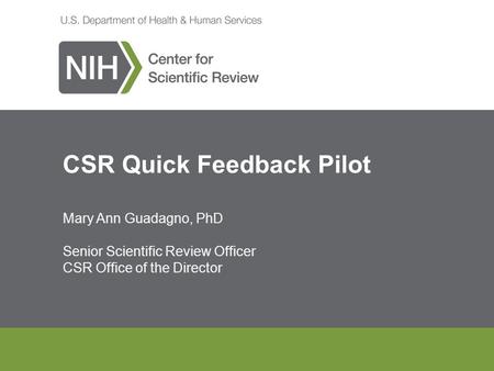 CSR Quick Feedback Pilot Mary Ann Guadagno, PhD Senior Scientific Review Officer CSR Office of the Director.