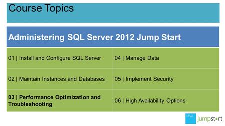 Course Topics Administering SQL Server 2012 Jump Start 01 | Install and Configure SQL Server04 | Manage Data 02 | Maintain Instances and Databases05 |