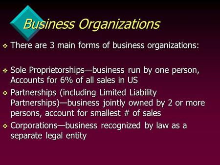 Business Organizations v There are 3 main forms of business organizations: v Sole Proprietorships—business run by one person, Accounts for 6% of all sales.