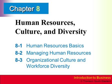 Introduction to Business © Thomson South-Western ChapterChapter Human Resources, Culture, and Diversity 8-1 8-1Human Resources Basics 8-2 8-2Managing Human.