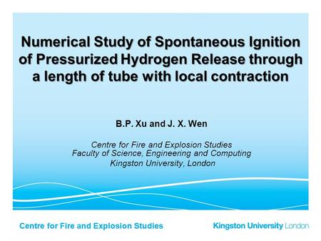 Centre for Fire and Explosion Studies Numerical Study of Spontaneous Ignition of Pressurized Hydrogen Release through a length of tube with local contraction.
