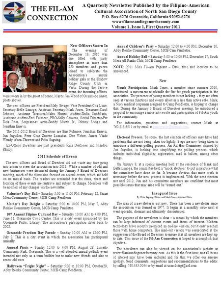 THE FIL-AM CONNECTION A Quarterly Newsletter Published by the Filipino-American Cultural Association of North San Diego County P.O. Box 6276 Oceanside,