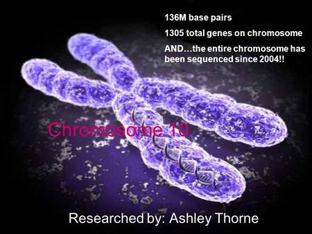 Chromosome 10 Researched by: Ashley Thorne 136M base pairs 1305 total genes on chromosome AND…the entire chromosome has been sequenced since 2004!!