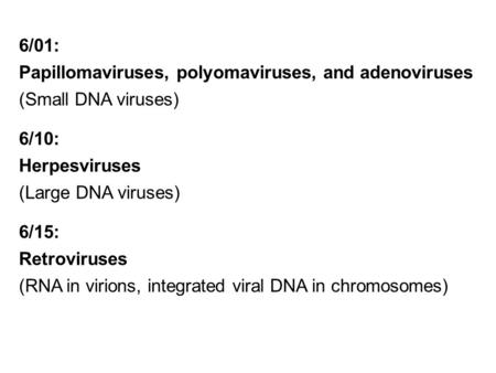 6/01: Papillomaviruses, polyomaviruses, and adenoviruses (Small DNA viruses) 6/10: Herpesviruses (Large DNA viruses) 6/15: Retroviruses (RNA in virions,