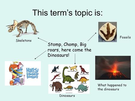 This term’s topic is: Stomp, Chomp, Big roars, here come the Dinosaurs! Fossils Skeletons Dinosaurs What happened to the dinosaurs.
