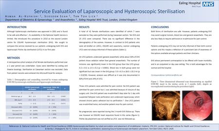 Ealing Hospital NHS Trust Service Evaluation of Laparoscopic and Hysteroscopic Sterilisation A SMAA A L -K UFAISHI 1, S EOSOON S EAH 2, T AN T OH L ICK.