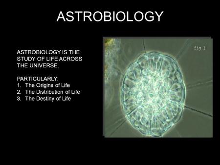 ASTROBIOLOGY IS THE STUDY OF LIFE ACROSS THE UNIVERSE. PARTICULARLY: 1.The Origins of Life 2.The Distribution of Life 3.The Destiny of Life ASTROBIOLOGY.