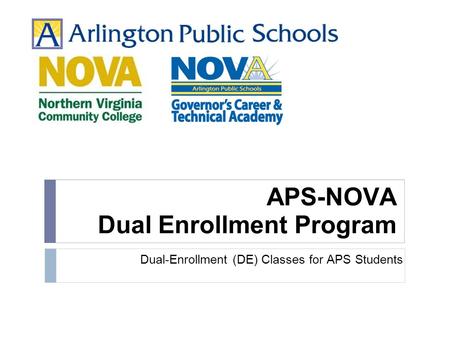 APS-NOVA Dual Enrollment Program Dual-Enrollment (DE) Classes for APS Students.
