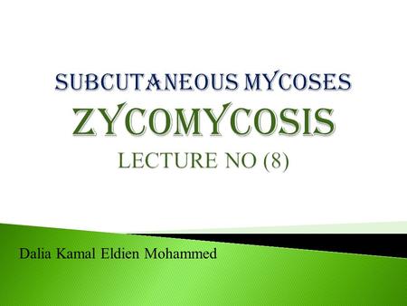 Dalia Kamal Eldien Mohammed.  The main subcutaneous fungal infections include:  Mycetoma  Chromoblastomycosis  Sporotrichosis  Lobomycosis  Rhinosporidiosis.