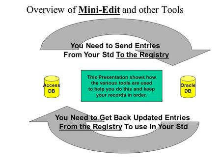 Overview of Mini-Edit and other Tools Access DB Oracle DB You Need to Send Entries From Your Std To the Registry You Need to Get Back Updated Entries From.