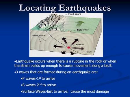 Locating Earthquakes Earthquake occurs when there is a rupture in the rock or when the strain builds up enough to cause movement along a fault. 3 waves.