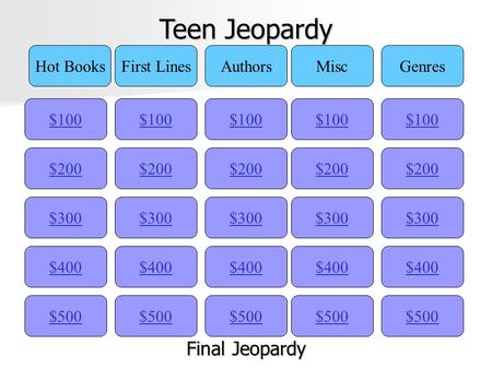 Teen Jeopardy $100 Hot BooksFirst LinesAuthorsMiscGenres $200 $300 $400 $500 $400 $300 $200 $100 $500 $400 $300 $200 $100 $500 $400 $300 $200 $100 $500.