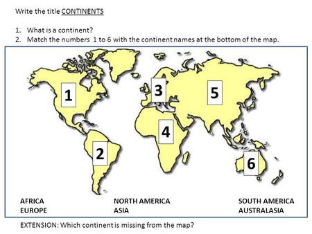 Write the title CONTINENTS 1.What is a continent? 2.Match the numbers 1 to 6 with the continent names at the bottom of the map. 1 2 3 4 5 6 AFRICANORTH.