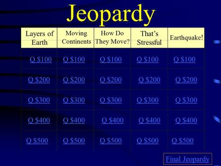 Jeopardy Layers of Earth Moving Continents How Do They Move? That’s Stressful Earthquake ! Q $100 Q $200 Q $300 Q $400 Q $500 Q $100 Q $200 Q $300 Q $400.
