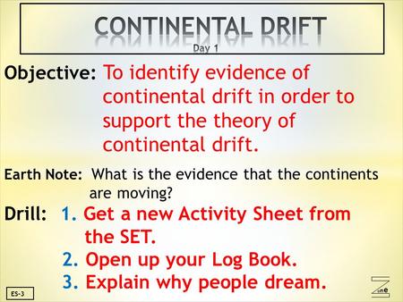 Oneone ES-3 Objective: To identify evidence of continental drift in order to support the theory of continental drift. Earth Note: What is the evidence.