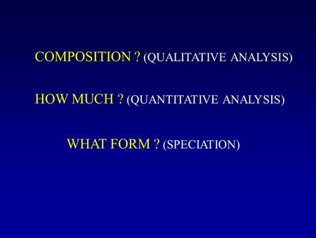 COMPOSITION ? (QUALITATIVE ANALYSIS) HOW MUCH ? (QUANTITATIVE ANALYSIS) WHAT FORM ? (SPECIATION)