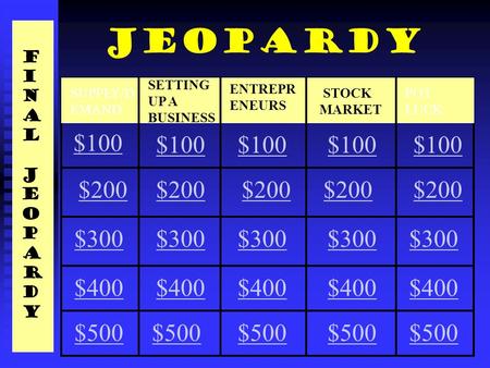 SUPPLY/D EMAND SETTING UP A BUSINESS ENTREPR ENEURS STOCK MARKET POT LUCK $100 $200 $300 $200 $300 $400 $500 FINALJEOPARDYFINALJEOPARDY Jeopardy.
