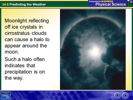 Moonlight reflecting off ice crystals in cirrostratus clouds can cause a halo to appear around the moon. Such a halo often indicates that precipitation.